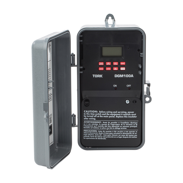 Tork 365/7 Day 1 Channel SPDT Digital Time Switch with Momentary Contact APPLICATIONS: Indoor/Outdoor Lighting HVAC Equipment School Warning and Other Traffic Lights Water Heaters in Offices, Churches and Factories FEATURES: TIMING ACCURACY: Line Frequency INPUT VOLTAGE: 120-277 50/60Hz DRY CONTACTS: SPDT TERMINAL RANGE: #14-#18AWG OPERATING TEMPERATURE: -31 degrees to +131 degrees F (-35 degrees to 55 degrees C) POWER CONSUMPTION: 6VA Max SCHEDULING: 56 ON & OFF set points provide individual programs for each day of the week. Minimum setting is 1 minute. MOMENTARY CONTACT: 2 second contact closures for ON & OFF control of mechanically held contactors or latching relays. BLOCK HOLIDAY: 9 holiday blocks can be set for individual days or for duration of any number of days. DAYLIGHT SAVINGS: Automatic adjustment (can be omitted). LEAP YEAR: Automatic compensation. MANUAL OVERRIDE: Until the next regularly scheduled ON or OFF, automatic operation then resumes. CLOCK FORMAT: AM/PM or Military time. POWER OUTAGE BACKUP: Permanent schedule retention. Super-capacitor provides 7 days of real time backup. ENCLOSURE: Noryl Indoor/Outdoor NEMA 3R with lockable hasp. BRAND EQUIVALENT: Paragon EL7200  UPC: 786261822109 CONTACT RATINGS: GENERAL PURPOSE: 24-277VAC. Contact Rating NO: 20A NC: 10A BALLAST: 120VAC. Contact Rating NO: 20A NC: 10A 277VAC. Contact Rating NO: 20A NC: 10A TUNGSTEN: 120VAC. Contact Rating NO: 15A PILOT DUTY: 120VAC. Contact Rating NO: 720VA NC: 290VA 240VAC. Contact Rating NO: 720VA NC: 360VA MOTOR LOAD: 120VAC. Contact Rating NO: 1HP NC: 1/4HP 240VAC. Contact Rating NO: 2HP NC: 1/2HP RESISTIVE: 28VDC. Contact Rating NO: 20A NC: 10A