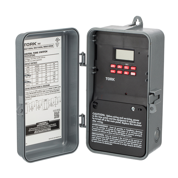 Tork 7 Day 1 Channel DPDT Digital Time Switch APPLICATIONS: Signaling Duty Cycle FEATURES: INPUT SUPPLY: 120-277 VAC 50/60Hz INPUT VOLTAGE: 12-277 VAC 50/60Hz OUTPUT DRY CONTACTS: DPDT NO. OF CHANNELS: 1 Channel SCHEDULING: 56 ON/OFF set points provide individual programs for each day of the week. Minimum Setting 1 minute. DUTY CYCLE: Two different ON/OFF patterns or signal durations may be programmed. The durations can be up to 23 hours, 59 minutes and 59 seconds in length. DAYLIGHT SAVINGS: Automatic adjustment (can be omitted) LEAP YEAR: Automatic Compensation MANUAL OVERRIDE: Until the next regularly scheduled ON or OFF, automatic operation then resumes. CLOCK FORMAT: AM/PM or 24 hour. POWER OUTAGE BACKUP: Permanent schedule retention. Super-capacitor provides 4 days of real time backup. ENCLOSURE: Plastic Indoor/Outdoor NEMA 3R with lockable hasp. BRAND EQUIVALENT: Paragon EL7001 UPC: 786261822055 CONTACT RATINGS: GENERAL PURPOSE: 24-277VAC. Rating NO: 40A NC: 10A BALLAST: 120VAC. Rating NO: 20A NC: 10A 277VAC. Rating NO: 20A NC: 10A TUNGSTEN: 120VAC. Rating NO: 15A PILOT DUTY: 120VAC. Rating NO: 720VA NC: 290VA 240VAC. Rating NO: 720VA NC: 290VA MOTOR LOAD: 120VAC. Rating NO: 1HP NC: 1/4HP 240VAC. Rating NO: 2 HP NC: 1/2HP RESISTIVE: 28VDC. Rating NO: 20A NC: 10A