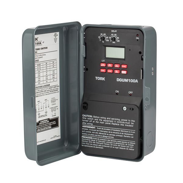 Tork 7 Day 1 Channel SPDT Digital Lighting Control with Momentary Contact APPLICATIONS: INTERIOR LIGHTING: Open Office Zoning, Hallways, Meeting and Sales Areas, Stock Rooms and Warehouses EXTERIOR LIGHTING: Signage and Store Windows, Security, Parking Lots FEATURES: INPUT VOLTAGE: 120-277VAC, 50/60Hz OUTPUT CONTACTS: SPDT Momentary NO. OF CHANNELS: 1 Channel TERMINAL RANGE: #12 - #18 AWG for line input #12 - #18 AWG for load output #18 - #26 AWG sensor/switch input POWER CONSUMPTION: 6VA Maximum OPERATING TEMPERATURE: - 31 degrees to 131 degrees F (-35 degrees C to +55 degrees C) SCHEDULING: 56 ON & OFF set points provide individual programs for each day of the week. Minimum setting is 1 minute. SunSet ASTRONOMIC: Adjusts daily to changes in sunset times. Adjustable 10 degrees - 60 degrees Northern or Southern latitudes. Can be individually offset +/- 1-240 minutes from both sunset and sunrise times. PHOTOSENSOR INPUT: Unique push button set-up assures accurate operation with automatic calibration that adjusts for wire size and distance. LIGHT LEVEL ACTIVATION: Turn ON is user settable from 1 to 100 footcandle- Turn OFF is a maximum of 2 times turn ON level. Each channel has an independent setting. Includes a user settable delay before ON or OFF between 1-90 seconds. REMOTE OVERRIDE ON: Each channel has independent input for a maintained dry-contact closure. May use TORK model SSA200R-24 and TRP-U for timed override. May use with occupancy sensor as override. MANUAL OVERRIDE: Until the next regularly scheduled ON or OFF, automatic operation then resumes. MOMENTARY CONTACT: 2 second contact closure ON & OFF to control mechanically held contactors or latching relays. BLOCK HOLIDAY: 9 holiday blocks can be set for individual days or for duration of any number of days. DAYLIGHT SAVINGS: Automatic adjustment (can be omitted). LEAP YEAR: Automatic compensation. REMOTE OVERRIDE: Universal input may be programmed for timed override from a momentary or maintained dry contact switch. CLOCK FORMAT: AM/PM or 24 hour format. POWER OUTAGE BACKUP: Permanent schedule retention. Supercapacitor provides 7 days of real time backup. ENCLOSURE: Metal Indoor NEMA 1 MANUFACTURER: Tork, UPC: 786261822246 CONTACT RATINGS: RESISTIVE: 24-277 VAC NO: 20A NC: 10A BALLAST: 120 VAC NO: 20A NC: 10A 277 VAC NO: 20A NC: 10A TUNGSTEN: 120 VAC NO: 15A PILOT DUTY: 120 VAC NO: 720VA NC: 290VA 240 VAC NO: 720VA NC: 360VA MOTOR: 120 VAC NC: 1HP NC: 1/4HP 240 VAC NO: 2HP NC: 1/2HP