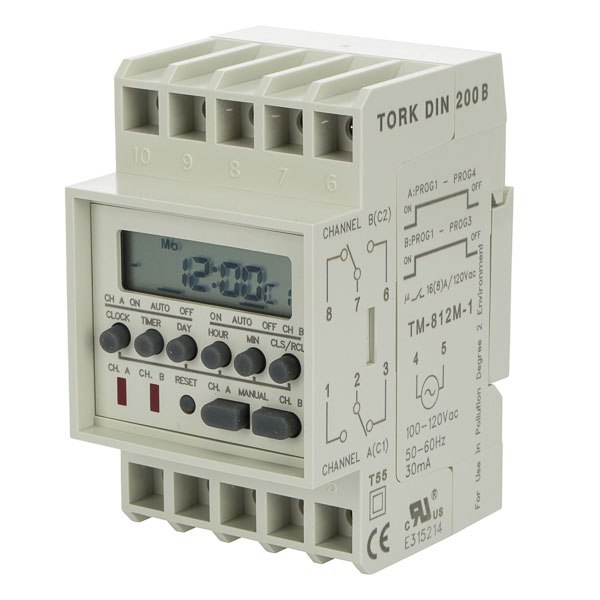 Tork 7 Day 2 Channel SPDT Din Rail Mounting Time Switch APPLICATIONS: Panel builders, indoor/ outdoor lighting, security systems, HVAC equipment FEATURES: INPUT VOLTAGE: 120VAC, 50/60Hz OUTPUT CONTACTS: SPDT Momentary NO. OF CHANNELS: 2 Channel NO. OF ON/OFF : 4 Channel A 3 Channel B TERMINAL RANGE: #12 - #18 AWG POWER CONSUMPTION: 4 VA Maximum OPERATING TEMPERATURE: 14 degrees to 131 degrees F (-10 degrees C to +55 degrees C) MOUNTING: DIN rail #50022 (35mm) or flat surface using supplied adapter. SCHEDULING: 4 ON and OFF (CH A) and 3 ON and OFF (CH B) pairs of set points. Individual programs on each day of the week. Minimum setting is 1 minute. MANUAL OVERRIDE: Until the next regular scheduled ON or OFF, automatic operation then resumes. CLOCK FORMAT: AM/PM POWER OUTAGE BACKUP: Battery retains time and schedule. BRAND EQUIVALENT: Paragon EC72D/120 UPC: 786261821669 CONTACT RATINGS: RESISTIVE: 120 VAC NO: 16A NC: 16A GENERAL PURPOSE: 120 VAC NO: 8A NC: 8A