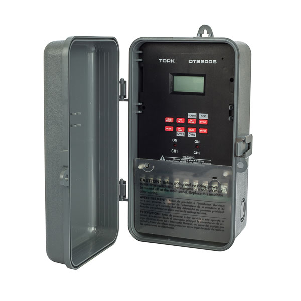 Tork 7/365 Day 2 Channel SPDT Digital Time Switch APPLICATIONS: Indoor and Outdoor Lighting Heating and Air Conditioning Security Systems Horns and Bells Low Voltage Lighting Misting and Spraying Roof Cooling Clock Correction Systems Process Functions FEATURES: TIMER SUPPLY: 120/208-270/277 50/60Hz INPUT VOLTAGE: 120/208-270/277 50/60Hz DRY CONTACTS: SPDT NO. OF CHANNELS: 2 Channel SCHEDULING: 99 ON/OFF set points allow individual programs for each day of the week at a minimum 1 minute apart. SEASONS: 1 to 4 with different daily schedules which can wrap around into the new year. HOLIDAYS: 1 to 24 individual dates. SIGNAL/PULSE DURATION: 2 different settings per channel: each 1-99 seconds. DAYLIGHT SAVINGS: Automatic adjustment (can be omitted). LEAP YEAR: Automatic compensation. MANUAL OVERRIDE: Until the next regularly scheduled ON or OFF, automatic operation then resumes. In signal mode, activates pulse. CLOCK FORMAT: AM/PM or Military time. POWER OUTAGE BACKUP: Permanent schedule retention. Super-capacitor provides 7 days of real time backup. ENCLOSURE: Noryl Indoor/Outdoor NEMA 3R with lockable hasp. UPC: 786261821867 CONTACT RATINGS: GENERAL PURPOSE: 24-277VAC. Contact Rating NO: 30A NC: 30A BALLAST: 120VAC. Contact Rating NO: 30A NC: 10A 277VAC. Contact Rating NO: 20A NC: 10A TUNGSTEN: 120-277VAC. Contact Rating NO: 15A NC: 2A PILOT DUTY: 120-277VAC. Contact Rating NO: 720VA NC: 720VA MOTOR LOAD: 120VAC. Contact Rating NO: 1HP NC: 1HP 208-277VAC. Contact Rating NO: 2HP NC: 2HP RESISTIVE: 28VDC. Contact Rating NO: 30A NC: 30A