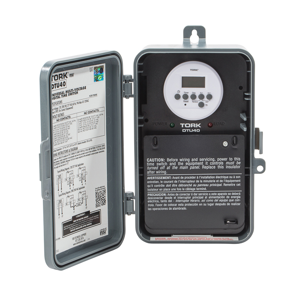 Tork 24 Hour or 7 Day Multi-Voltage Digital Time Switch APPLICATIONS: Lighting, Pumps, Signs, Air Conditioning, Water Heaters, Fans FEATURES: TIMER SUPPLY: 120/208-24-277 VAC 60Hz DRY CONTACTS: DPDT MULTI-VOLTAGE: Automatic input voltage detection SCHEDULING: 7 ON &amp- OFF pairs of set points for individual programs on each day of the week. Minimum setting is 1 minute. 4 IN 1 CONTACTS: DPDT can also wire as SPST, SPDT &amp- DPST DAYLIGHT SAVINGS: Manual button push for one hour adjustment. MANUAL OVERRIDE: Until the next regularly scheduled ON or OFF, automatic operation then resumes. RANDOM MODE: Varies ON and OFF times to create 