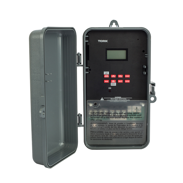 Tork 7/365 Day 2 Channel SPDT Astronomic Time Switch APPLICATIONS: Outdoor Lighting Security Lighting Parking Lot Lighting Canopy Lighting FEATURES: INPUT VOLTAGE: 120/208-240/277 50/60Hz DRY CONTACTS: SPDT NO. OF CHANNELS: 1 Channel SCHEDULING: 99 ON/OFF set points allow individual programs for each day of the week at a minimum 1 minute apart. SunSet ASTRONOMIC: Adjusts daily to changes in sunset times. Adjustable 10 - 60 degrees Northern or Southern latitudes. Can be individually offset +/- 1 to 240 minutes from both sunset and sunrise times. HOLIDAYS: 1 to 24 individual dates. DAYLIGHT SAVINGS: Automatic adjustment (can be omitted). LEAP YEAR: Automatic compensation scheduled ON or OFF, automatic operation then resumes. MANUAL OVERRIDE: Until the next regularly scheduled ON or OFF, automatic operation then resumes. CLOCK FORMAT: AM/PM or Military time. POWER OUTAGE BACKUP: Permanent schedule retention. Super capacitor provides 7 days of real time backup. ENCLOSURE: Noryl Indoor/Outdoor NEMA 3R with lockable hasp. BRAND EQUIVALENT: Intermatic ET70115CR Paragon EL-71  TORK UPC: 786261821898 CONTACT RATINGS: GENERAL PURPOSE: 24-277VAC. Contact Rating NO: 30A NC: 30A BALLAST: 120VAC. Contact Rating NO: 30A NC: 10A 277VAC. Contact Rating NO: 20A NC: 10A TUNGSTEN: 120-277VAC. Contact Rating NO: 15A NC: 2A PILOT DUTY: 120-277VAC. Contact Rating NO: 720VA NC: 720VA MOTOR LOAD: 120VAC. Contact Rating NO: 1HP NC: 1HP 208-277VAC. Contact Rating NO: 2HP NC: 2HP RESISTIVE: 28VDC. Contact Rating NO: 30A NC: 30A