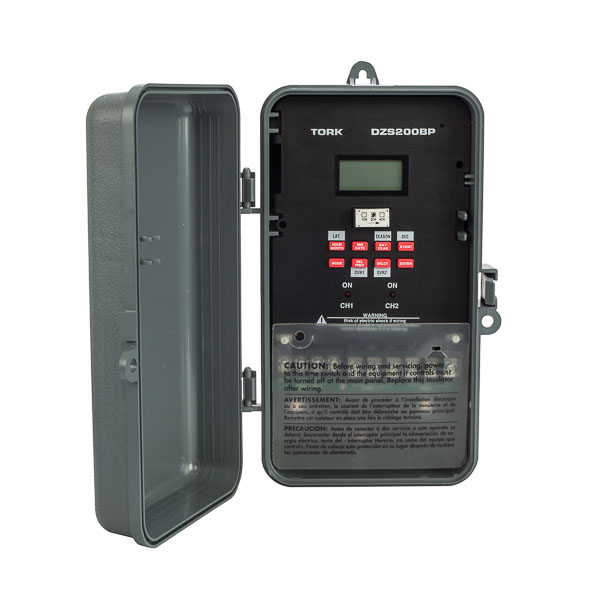 Tork 365/7 Day Advanced 2 Channel SPDT Astronomic Time Switch APPLICATIONS: HVAC Equipment Horns and Bells Interior Lighting Electric Motors Outdoor Lighting and Signs FEATURES: TIMING ACCURACY: Line Frequency INPUT VOLTAGE: 120/208-240/277 50/60Hz DRY CONTACTS: SPDT NO. OF CHANNELS: 2 Channel TERMINAL RANGE: #14-#16AWG for Line Input #12-#16AWG Load Outputs OPERATING TEMPERATURE: -40 degrees to +158 degrees F (-40 degrees to 70 degrees C) POWER CONSUMPTION: 5VA Max SCHEDULING: 99 ON/OFF set points allow individual programs for each day of the week at a minimum 1 minute apart. ASTRONOMIC: Adjustable 10 degrees - 60 degrees Northern or Southern latitudes can be individually offset +/-1 to 240 minutes from both sunset and sunrise times. SEASONS: 1 to 4 with different daily schedules which can wrap around into the new year. HOLIDAYS: 1 to 24 individual dates. SIGNAL/PULSE DURATION: 2 different settings per channel: each 1-99 seconds. DAYLIGHT SAVINGS: Automatic adjustment (can be omitted). LEAP YEAR: Automatic compensation. MANUAL OVERRIDE: Until the next regularly scheduled ON or OFF, automatic operation then resumes. In signal mode, activates pulse. CLOCK FORMAT: AM/PM or Military time. POWER OUTAGE BACKUP: Permanent schedule retention. Super-capacitor provides 7 days of real time backup. MEMORY MODULE: Removable MM can be programmed at any one location and inserted into another DZS series unit. See Part #USB-MMP (Sold Separately). COPY FEATURE: Unit can be configured to copy program schedule to multiple memory modules. OPTION: Memory Module Programmer with software for computer connection programming. Also allows stand alone battery operation for portable copy feature. See Part #USB-MMP (Sold Separately). ENCLOSURE: Noryl Indoor/Outdoor NEMA 3R with lockable hasp. MANUFACTURER: Tork UPC: 786261821836 CONTACT RATINGS: GENERAL PURPOSE: 24-277VAC. Contact Rating NO: 30A NC: 30A BALLAST: 120VAC. Contact Rating NO: 30A NC: 10A 277VAC. Contact Rating NO: 20A NC: 10A TUNGSTEN: 120-277VAC. Contact Rating NO: 15A NC: 2A PILOT DUTY: 120-277VAC. Contact Rating NO: 720VA NC: 720VA MOTOR LOAD: 120VAC. Contact Rating NO: 1HP NC: 1HP 208-277VAC. Contact Rating NO: 2HP NC: 2HP RESISTIVE: 28VDC. Contact Rating NO: 30A NC: 30A