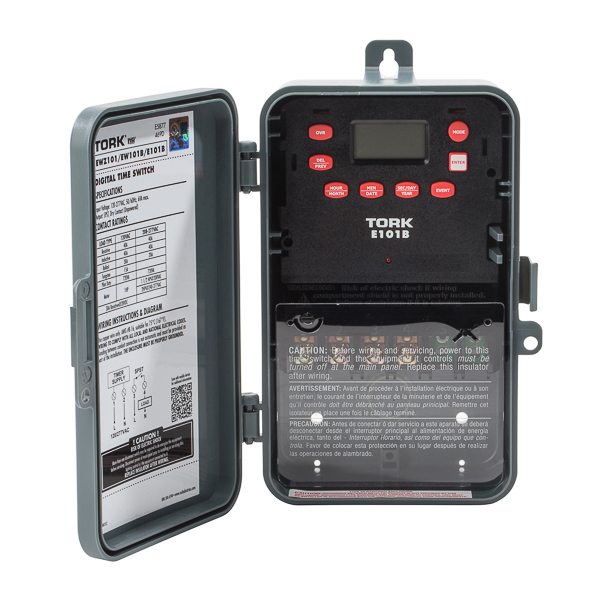 Tork 24 Hour 1 Channel SPST Digital Time Switch APPLICATIONS: Signs Air Conditioning Lighting Sump Pumps Ventilating Fans FEATURES: INPUT SUPPLY: 120-277 VAC 50/60Hz INPUT VOLTAGE: 120-277 VAC 50/60Hz OUTPUT DRY CONTACTS: SPST SCHEDULING: 20 ON/OFF set points repeat each day. Minimum Setting 1 minute. NO. OF CHANNELS: 1 Channel DAYLIGHT SAVINGS: Automatic adjustment (can be omitted) LEAP YEAR: Automatic Compensation MANUAL OVERRIDE: Until the next regularly scheduled ON or OFF, automatic operation then resumes. CLOCK FORMAT: AM/PM. POWER OUTAGE BACKUP: Permanent schedule retention. Super-capacitor provides 4 days of real time backup. ENCLOSURE: Plastic Indoor/Outdoor NEMA 3R with lockable hasp. BRAND EQUIVALENT: Intermatic ET1105CR, ET1105C Paragon EC4004 MANUFACTURER: Tork, UPC: 786261824011 CONTACT RATINGS: GENERAL PURPOSE: 24-277VAC. Rating NO: 40A INDUCTIVE: 120-277VAC. Rating NO: 40A BALLAST: 120VAC. Rating NO: 30A 208-277VAC. Rating NO: 20A TUNGSTEN: 120VAC. Rating NO: 15A PILOT DUTY: 120-277VAC. Rating NO: 720VA MOTOR LOAD: 120VAC. Rating NO: 1HP 208VAC. Rating NO: 1.5 HP 240-277VAC. Rating NO: 2HP RESISTIVE: 28VDC. Rating NO: 30A