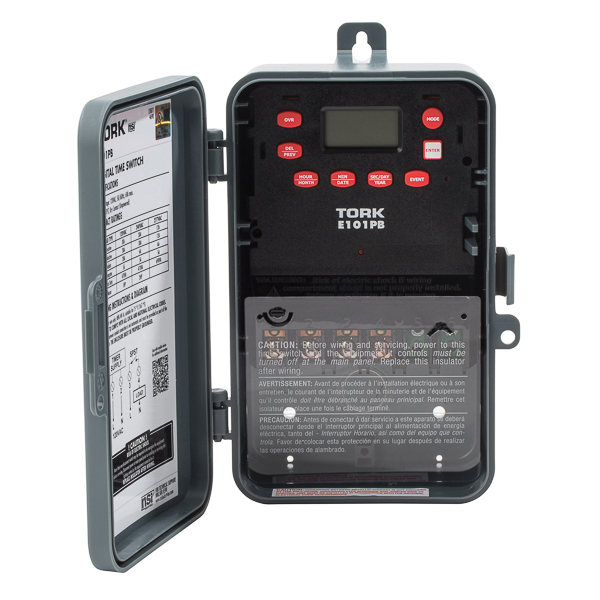 Tork 24 Hour 1 Channel SPST Digital Time Switch APPLICATIONS: Signs Air Conditioning Lighting Sump Pumps Ventilating Fans FEATURES: INPUT SUPPLY: 120-277 VAC 50/60Hz INPUT VOLTAGE: 120 VAC 50/60Hz OUTPUT DRY CONTACTS: SPST SCHEDULING: 20 ON/OFF set points repeat each day. Minimum Setting 1 minute. NO. OF CHANNELS: 1 Channel DAYLIGHT SAVINGS: Automatic adjustment (can be omitted) LEAP YEAR: Automatic Compensation MANUAL OVERRIDE: Until the next regularly scheduled ON or OFF, automatic operation then resumes. CLOCK FORMAT: AM/PM. POWER OUTAGE BACKUP: Permanent schedule retention. Super-capacitor provides 4 days of real time backup. ENCLOSURE: Plastic Indoor/Outdoor NEMA 3R with lockable hasp. BRAND EQUIVALENT: Intermatic ET1105C MANUFACTURER: Tork, UPC: 786261824615 CONTACT RATINGS: GENERAL PURPOSE: 120/240VAC. Rating NO: 30A 277VAC. Rating NO: 12A INDUCTIVE: 120/240VAC. Rating NO: 30A 277VAC. Rating NO: 12A BALLAST: 120VAC. Rating NO: 20A 277VAC. Rating NO: 6A TUNGSTEN: 120VAC. Rating NO: 5A PILOT DUTY: 120-277VAC. Rating NO: 470VA MOTOR LOAD: 120VAC. Rating NO: 1HP 240VAC. Rating NO: 2 HP RESISTIVE: 28VDC. Rating NO: 20A