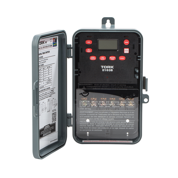 Tork 24 Hour 1 Channel DPST Digital Time Switch APPLICATIONS: Signs Air Conditioning Lighting Sump Pumps Ventilating Fans FEATURES: INPUT SUPPLY: 120-277 VAC 50/60Hz INPUT VOLTAGE: 12-277 VAC 50/60Hz OUTPUT DRY CONTACTS: DPST SCHEDULING: 20 ON/OFF set points repeat each day. Minimum Setting 1 minute. NO. OF CHANNELS: 1 Channel DAYLIGHT SAVINGS: Automatic adjustment (can be omitted) LEAP YEAR: Automatic Compensation MANUAL OVERRIDE: Until the next regularly scheduled ON or OFF, automatic operation then resumes. CLOCK FORMAT: AM/PM. POWER OUTAGE BACKUP: Permanent schedule retention. Super-capacitor provides 4 days of real time backup. ENCLOSURE: Plastic Indoor/Outdoor NEMA 3R with lockable hasp. MANUFACTURER: Tork, UPC: 786261824110 CONTACT RATINGS: GENERAL PURPOSE: 24-277VAC. Rating NO: 40A INDUCTIVE: 120-277VAC. Rating NO: 40A BALLAST: 120VAC. Rating NO: 30A 208-277VAC. Rating NO: 20A TUNGSTEN: 120VAC. Rating NO: 15A PILOT DUTY: 120-277VAC. Rating NO: 720VA MOTOR LOAD: 120VAC. Rating NO: 1HP 208VAC. Rating NO: 1.5 HP 240-277VAC. Rating NO: 2HP RESISTIVE: 28VDC. Rating NO: 30A