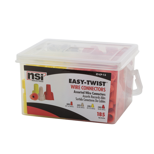 Easy Twist Wire Connector Combination Pail - ET-CP-11 Easy-Twist Wire Connector Combination Pails are compact, easy to carry, also convenient for use on maintenance cart. 4-pack pail includes the most common Easy-Twist connectors. UL486C Listed Wire Connector. For copper wire only. CONTAINS: (60) Standard Orange (WC-O) (45) Winged Tan (WWC-T) (50) Winged Yellow (WWC-Y) (30) Winged Red (WWC-R) Easy-Twist Winged Twist-On Wire Connectors are flame retardant UL 94V-2 thermoplastic shell that provides excellent electrical insulation They have a temperature rating of 221 degrees F (105 degrees C). Their fixed, precise square wire spring provides secure gripping of conductors. Their deep skirt entry provides protection from flashover and shorts. Sure-grip ribs improve gripping ability and comfort. Compact design ensures proper installation - especially in tight spaces. Threaded funnel entry guides the wires into the connector easily. Pre-twisting of wires is not necessary. 1,000 volt maximum in fixtures and signs. MANUFACTURER: NSi Industries PART NUMBER: ET-CP-11 UPC: 662381141934