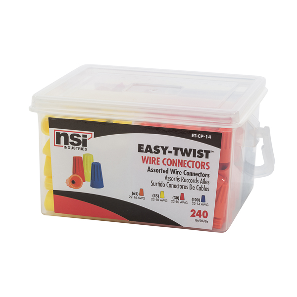 Easy-Twist Multi-Pail Wire Connectors - Easy-Twist Wire Connector Combination Pails are compact, easy to carry, also convenient for use on maintenance cart. 4-pack pail includes the most common Easy-Twist connectors. UL486C Listed Wire Connector. For copper wire only. CONTAINS: (65) Standard Orange (WC-O) (45) Standard Yellow (WC-Y) (30) Standard Red (WC-R) (100) Standard Blue (WC-B) Easy-Twist Standard Twist-On Wire Connectors have a flame retardant UL 94V-2 thermoplastic shell that provides excellent electrical insulation. They have a temperature rating of 221 degrees F (105 degrees C). Their fixed, precise square wire spring provides secure gripping of conductors. Their deep skirt entry provides protection from flashover and shorts. Sure-grip ribs improve gripping ability and comfort. Compact design ensures proper installation - especially in tight spaces. Threaded funnel entry guides the wires into the connector easily. Pre-twisting of wires is not necessary. 1,000 volt maximum in fixtures and signs.