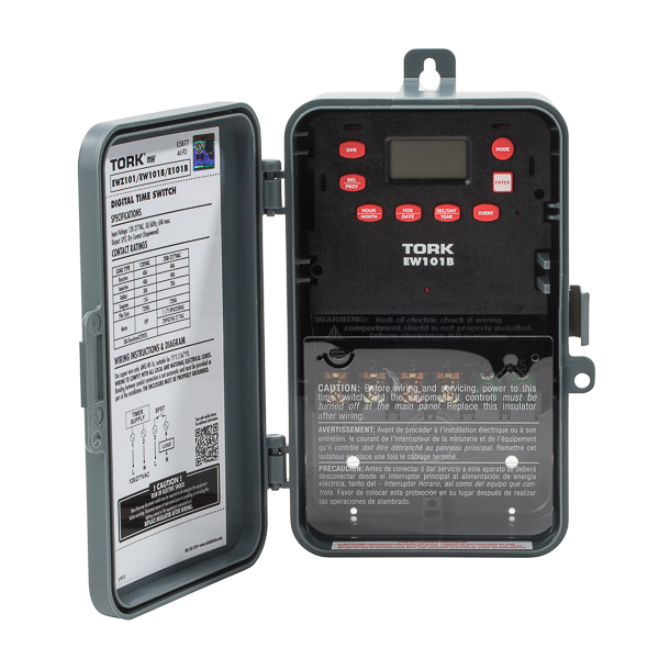 Tork 7 Day 1 Channel SPST Digital Time Switch APPLICATIONS: Outdoor Signs Heating and Air Conditioning Lighting Security FEATURES: INPUT SUPPLY: 120-277 VAC 50/60Hz INPUT VOLTAGE: 120-277 VAC 50/60Hz OUTPUT DRY CONTACTS: SPST POWER CONSUMPTION: 6VA Max. TIMING ACCURACY: Line Frequency SCHEDULING: 20 ON/OFF set points repeat each day. Minimum Setting 1 minute. NO. OF CHANNELS: 1 Channel DAYLIGHT SAVINGS: Automatic adjustment (can be omitted) LEAP YEAR: Automatic Compensation MANUAL OVERRIDE: Until the next regularly scheduled ON or OFF, automatic operation then resumes. CLOCK FORMAT: AM/PM. POWER OUTAGE BACKUP: Permanent schedule retention. Super-capacitor provides 4 days of real time backup. ENCLOSURE: Plastic Indoor/Outdoor NEMA 3R with lockable hasp. BRAND EQUIVALENT: Intermatic ET1705C, ET11705CR Paragon ET7004 MANUFACTURER: Tork, UPC: 786261824318 CONTACT RATINGS: GENERAL PURPOSE: 24-277VAC. Rating NO: 40A INDUCTIVE: 120-277VAC. Rating NO: 40A BALLAST: 120VAC. Rating NO: 30A 208-277VAC. Rating NO: 20A TUNGSTEN: 120VAC. Rating NO: 15A PILOT DUTY: 120-277VAC. Rating NO: 720VA MOTOR LOAD: 120VAC. Rating NO: 1HP 208VAC. Rating NO: 1.5 HP 240-277VAC. Rating NO: 2HP RESISTIVE: 28VDC. Rating NO: 30A