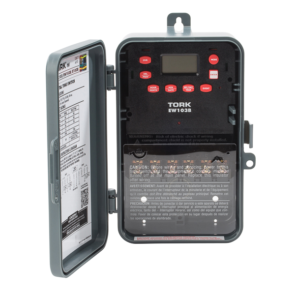 Tork 7 Day 1 Channel DPST Digital Time Switch APPLICATIONS: Outdoor Signs Heating and Air Conditioning Lighting Security FEATURES: INPUT SUPPLY: 120-277 VAC 50/60Hz INPUT VOLTAGE: 120-277 VAC 50/60Hz OUTPUT DRY CONTACTS: DPST POWER CONSUMPTION: 6VA Max. TIMING ACCURACY: Line Frequency SCHEDULING: 20 ON/OFF set points repeat each day. Minimum Setting 1 minute. NO. OF CHANNELS: 1 Channel DAYLIGHT SAVINGS: Automatic adjustment (can be omitted) LEAP YEAR: Automatic Compensation MANUAL OVERRIDE: Until the next regularly scheduled ON or OFF, automatic operation then resumes. CLOCK FORMAT: AM/PM. POWER OUTAGE BACKUP: Permanent schedule retention. Super-capacitor provides 4 days of real time backup. ENCLOSURE: Plastic Indoor/Outdoor NEMA 3R with lockable hasp. BRAND EQUIVALENT: Intermatic ET1725C, ET11725CR Paragon ET7005 MANUFACTURER: Tork, UPC: 786261824417 CONTACT RATINGS: GENERAL PURPOSE: 24-277VAC. Rating NO: 40A INDUCTIVE: 120-277VAC. Rating NO: 40A BALLAST: 120VAC. Rating NO: 30A 208-277VAC. Rating NO: 20A TUNGSTEN: 120VAC. Rating NO: 15A PILOT DUTY: 120-277VAC. Rating NO: 720VA MOTOR LOAD: 120VAC. Rating NO: 1HP 208VAC. Rating NO: 1.5 HP 240-277VAC. Rating NO: 2HP RESISTIVE: 28VDC. Rating NO: 30A