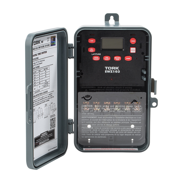 Tork 7 Day 1 Channel DPST Astronomic Time Switch APPLICATIONS: Outdoor Signs Heating and Air Conditioning Lighting Security FEATURES: INPUT SUPPLY: 120-277 VAC 50/60Hz INPUT VOLTAGE: 120-277 VAC 50/60Hz OUTPUT DRY CONTACTS: DPST POWER CONSUMPTION: 6VA Max. TIMING ACCURACY: Line Frequency SCHEDULING: 20 ON/OFF set points repeat each day. Minimum Setting 1 minute. NO. OF CHANNELS: 1 Channel DAYLIGHT SAVINGS: Automatic adjustment (can be omitted) ASTRONOMIC: Adjustable 10 degrees - 60 degrees Northern or Southern latitudes. Can be individually offset +/- 1-240 minutes from both sunset and sunrise times. LEAP YEAR: Automatic Compensation MANUAL OVERRIDE: Until the next regularly scheduled ON or OFF, automatic operation then resumes. CLOCK FORMAT: AM/PM. POWER OUTAGE BACKUP: Permanent schedule retention. Super-capacitor provides 4 days of real time backup. ENCLOSURE: Plastic Indoor/Outdoor NEMA 3R with lockable hasp. BRAND EQUIVALENT: Intermatic ET8115C, ET8215CR MANUFACTURER: Tork, UPC: 786261824738 CONTACT RATINGS: GENERAL PURPOSE: 24-277VAC. Rating NO: 40A INDUCTIVE: 120-277VAC. Rating NO: 40A BALLAST: 120VAC. Rating NO: 30A 208-277VAC. Rating NO: 20A TUNGSTEN: 120VAC. Rating NO: 15A PILOT DUTY: 120-277VAC. Rating NO: 720VA MOTOR LOAD: 120VAC. Rating NO: 1HP 208VAC. Rating NO: 1.5 HP 240-277VAC. Rating NO: 2HP RESISTIVE: 28VDC. Rating NO: 30A