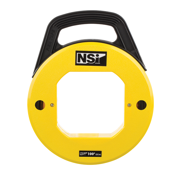 100' Steel Fishtape with Handle APPLICATIONS: Extremely flexible and durable flat spring steel. Stiffer construction is excellent for long runs. Looped end for attaching wires. Heavy-duty housing withstands rough conditions. High visibility yellow makes fish tape easy to locate. Viewing holes to show remaining tape. Handle slides through base to reel tape easily. 500 Lbs. Maximum tape strength FEATURES: TYPE: Steel WIDTH: 1/8