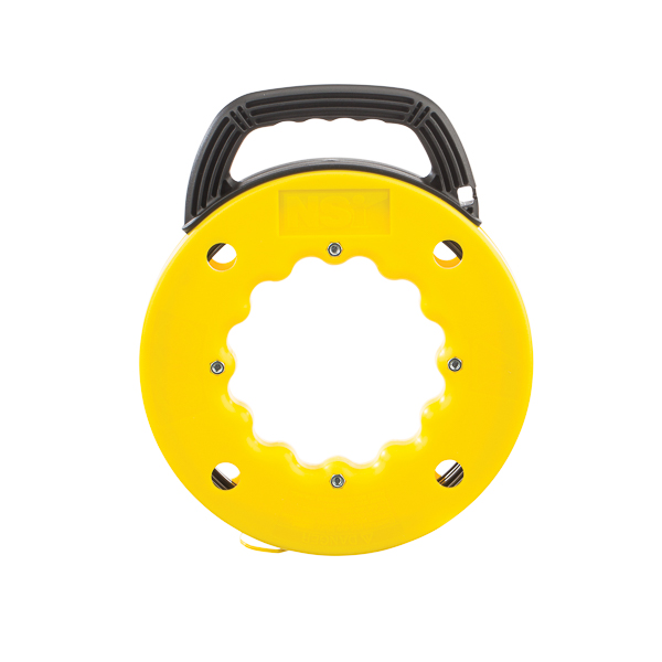 50' Steel Fishtape with Handle APPLICATIONS: Extremely flexible and durable flat spring steel. Stiffer construction is excellent for long runs. Looped end for attaching wires. Heavy-duty housing withstands rough conditions. High visibility yellow makes fish tape easy to locate. Viewing holes to show remaining tape. Handle slides through base to reel tape easily. 500 Lbs. Maximum tape strength FEATURES: TYPE: Steel WIDTH: 1/8