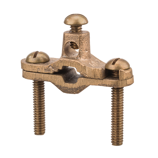 Heavy Duty Bronze Ground Clamp with Adapters for 0.5-1in. Pipe Heavy duty bronze ground clamps are for bonding bare copper wire to copper water pipe. Assembled 304 stainless steel screws. cULus Listed 467 Grounding and Bonding.