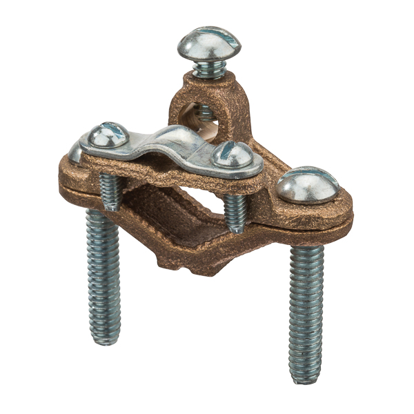 Bronze Ground Clamps with Wire Adapters for 0.5-1in. Pipe Bronze Ground Clamps are used for connecting unarmored wire to water pipe for grounding. Special pressure bar grips cable to lessen chances of grounding conductor being pulled out. Assembled with zinc-plated steel screws.