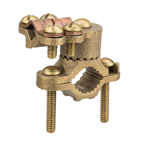 Bronze Ground Clamp with Adapters and Brass Screws for 0.5-1in. Pipe Heavy duty bronze ground clamp with adapters and brass screws are for bonding bare copper wire to water pipe. Assembled with brass screws.