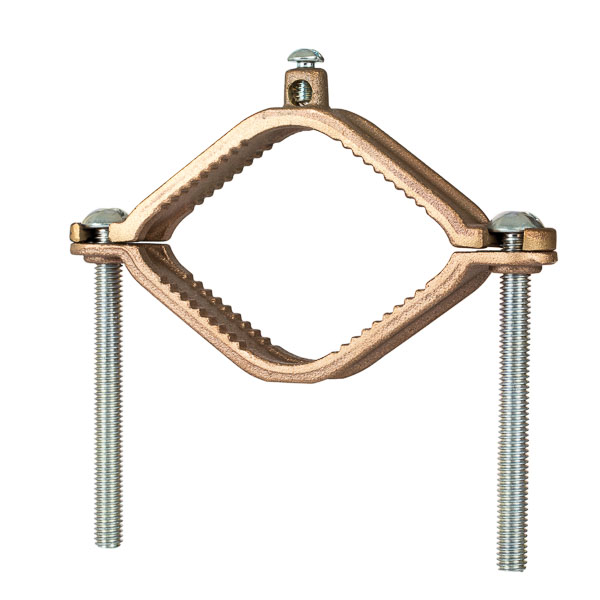 Heavy Duty Bronze Ground Clamp with Wire Adapters for 1.25-2 in. Pipe Heavy Duty Bronze Adapters have serrations that match the serrations on the ground clamp, assuring positive lock. All adapters fit all clamps for the ultimate in flexibility. Zinc plated steel hardware. Used to connect grounding conductor to rigid conduit on water pipe. UL Listed 467 Grounding and Bonding.