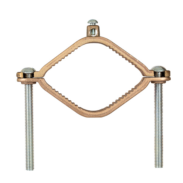Bronze Ground Clamp for 2.5-4in. Pipe Bronze ground clamps are for bonding bare copper wire to water pipe or for use as a water meter shunt. They will fit ground wires 10 sol to 2/0 str and water pipes 1/2 to 6 inches. Zinc plated steel screws.