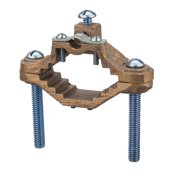 Bronze Ground Clamps with Wire Adapters for 1.25-2in. Pipe Bronze Ground Clamps are used for connecting unarmored wire to water pipe for grounding. Special pressure bar grips cable to lessen chances of grounding conductor being pulled out. Assembled with zinc-plated steel screws.