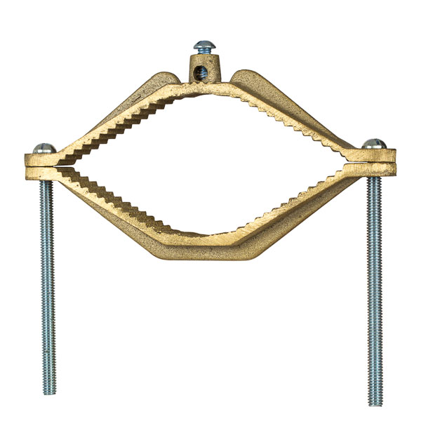 Bronze Ground Clamp for 4.5-6in. Pipe Bronze ground clamps are for bonding bare copper wire to water pipe or for use as a water meter shunt. They will fit ground wires 10 sol to 2/0 str and water pipes 1/2 to 6 inches. Zinc plated steel screws.