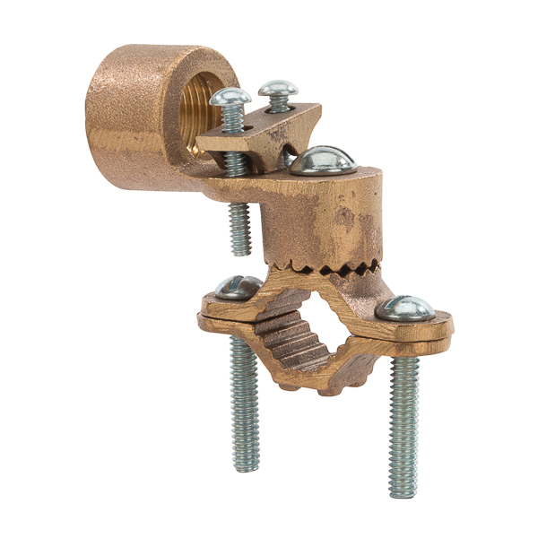 Heavy Duty Bronze Ground Clamp with Adapters for 0.5-1in. Pipe and 0.75 in. Rigid Conduit Heavy Duty Bronze Clamps are used to connect grounding conductor to rigid conductor on water pipes.