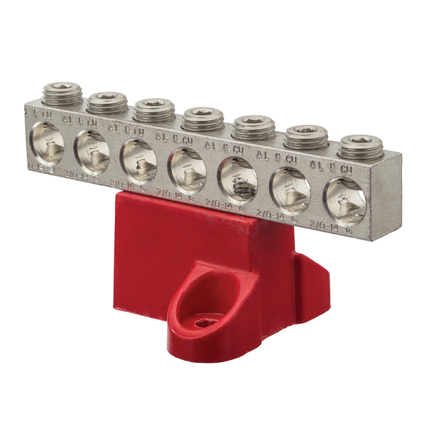 Aluminum Isolated Ground Bar with 7 Circuits 2/0-14 AWG Isolated Ground Bars are made from either high-strength aluminum alloy 6061-T6 or high-conductivity copper as indicated below. The base is made from high-strength glass-filled polyester. Aluminum connectors are dual-rated for use with aluminum or copper cables.