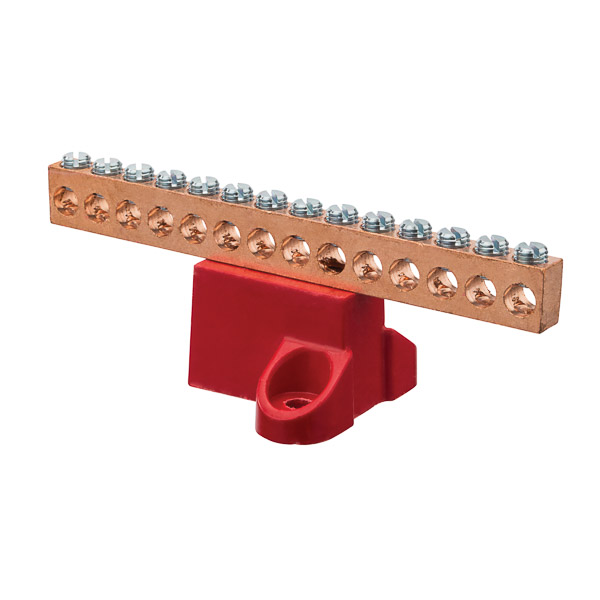 Copper Isolated Ground Bar with 14 Circuits 2-14 AWG Isolated Ground Bars are made from either high-strength aluminum alloy 6061-T6 or high-conductivity copper as indicated below. The base is made from high-strength glass-filled polyester. Aluminum connectors are dual-rated for use with aluminum or copper cables.