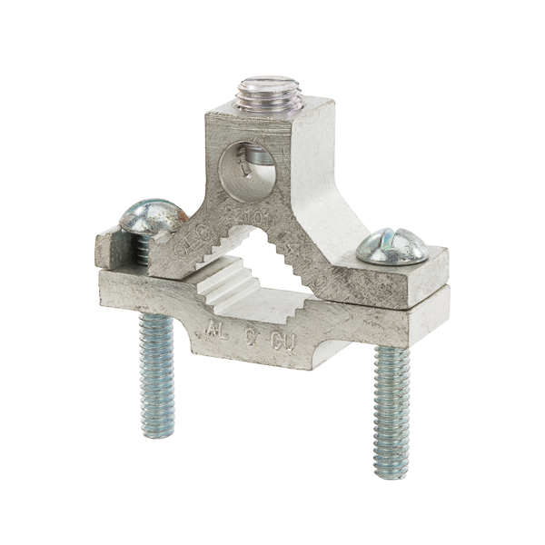 Aluminum Ground Clamps for 0.5-1in. Pipe Dual-rated ground clamp that grounds aluminum or copper to water pipe, galvanized pipe or steel conduit. They are constructed from high-strength extruded aluminum alloy and are plated to provide low-contract resistance. cULus Listed 467 Grounding and Bonding. Zinc plated steel screws.