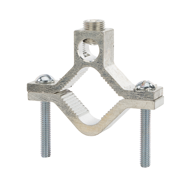 Aluminum Ground Clamps for 1.25-2in. Pipe Dual-rated ground clamp that ground aluminum or copper to water pipe, galvanized pipe or steel conduit. They are constructed from high-strength extruded aluminum alloy and are plated to provide low-contract resistance. cULus Listed 467 Grounding and Bonding. Zinc plated steel screws.