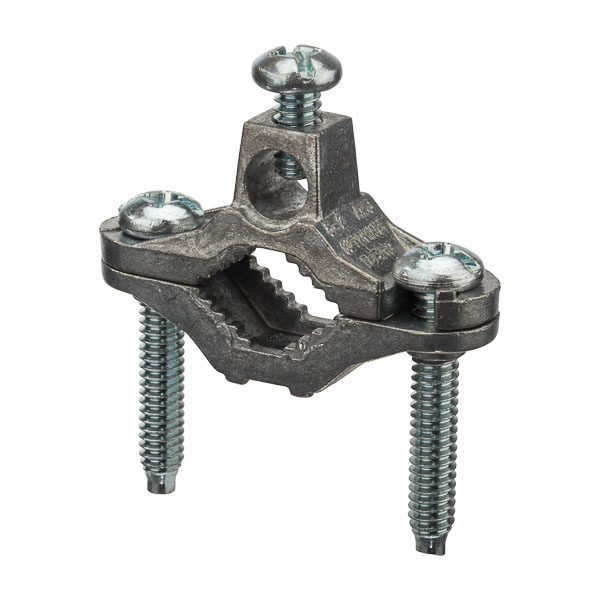 Zinc Die-Cast Ground Clamps 0.5-1in. Pipe Die cast from high-strength zinc alloy. Used to connect bare copper wire for grounding. Zinc plated steel screws.
