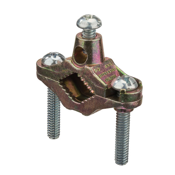 Zinc Die-Cast Ground Clamps for 0.5-1in. Pipe Die cast from high-strength zinc alloy. Used to connect bare copper wire for grounding. Zinc plated steel screws, Brass plated.