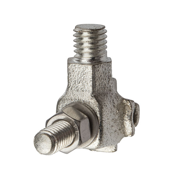 8 Sol - 2/0 Str Tin Plated Two-Way Basket Ground Clamp Cast from high conductivity, high strength copper alloy with cast high strength bronze eyebolts. Stainless steel nuts and lockwashers are standard on all clamps. The HTGE series provides a hex or square shoulder for wrench tightening. The flat surface also acts as a seal to the tank.