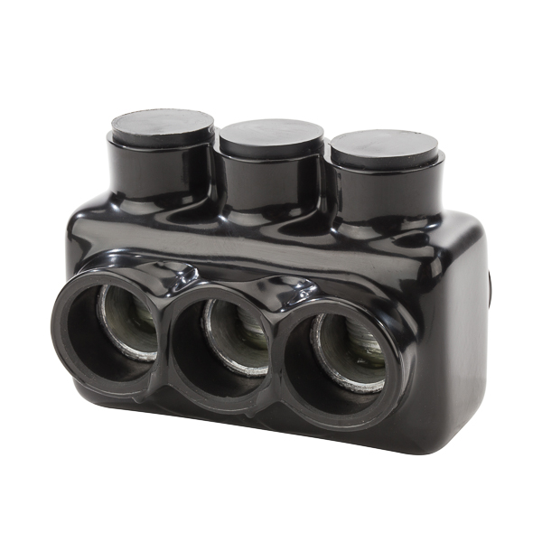 3 Wire Polaris 600 MCM - 6 AWG Insulated Multi-Cable Connector Block, Either Side Wire Entry Polaris Insul-Tap Connectors have wire entry ports on both sides of the connector to allow for access from either side. Eliminates the need for cover and taping. Insulated with high-dielectric strength plastisol. Molded for precise fit and supplied with removable plugs to close the entry port not being utilized. Abrasion and chemical resistant. UV resistant. Will not support combustion. AL7CU. Cold temperature rated to -45 degrees C, rated 600V, 75 degrees C. Dual rated for use with copper and/or aluminum cables. Not recommended for fine-stranded, flexible wire.