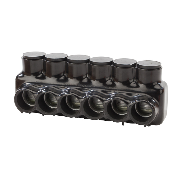 6 Wire Non-UL Polaris 750 - 250 MCM Insulated Multi-Cable Connector Block, Either Side Wire Entry Polaris Insul-Tap Connectors have wire entry ports on both sides of the connector to allow for access from either side. Eliminates the need for cover and taping. Insulated with high-dielectric strength plastisol. Molded for precise fit and supplied with removable plugs to close the entry port not being utilized. Abrasion and chemical resistant. UV resistant. Will not support combustion. AL9CU. Cold temperature rated to -45 degrees C, rated 600V, 90 degrees C. Dual rated for use with copper and/or aluminum cables. Not recommended for fine-stranded, flexible wire.
