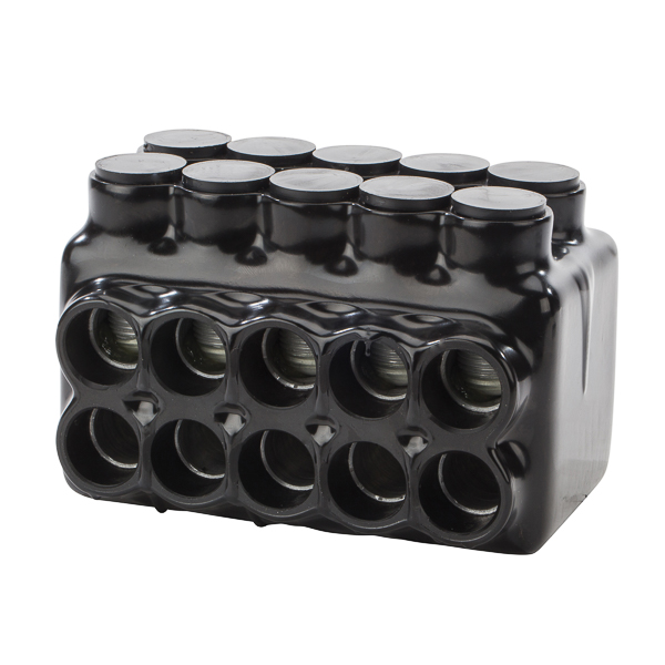 10 Wire Stacked Polaris 750 - 250 MCM Insulated Multi-Cable Connector Block, Either Side Wire Entry Stacked Polaris Insul-Tap Connectors are exceptional for use with large wire sizes, especially in tight-fitting spaces, small wire ways and panels. The wire holes on the bottom row allow for entry from either side of the connector for even greater versatility. Wire entry holes are stacked on top of each other for the ultimate in compact design. Supplied with removable plugs to close the entry port not being utilized. Abrasion and chemical resistant. UV resistant. Will not support combustion. UL Listed 486B Wire Connector. Cold temperature rated to -45 degrees C, Rated 600V, 90 degree C. Dual rated for use with copper and/or aluminum cables. Not recommended for fine-stranded, flexible wire.