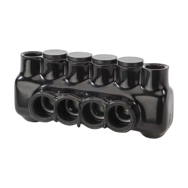 4 Wire Polaris 250 MCM-6 AWG Insulated Multi-Cable Connector with Mounting Holes, Either Side Wire Entry Polaris Insulated Multi-Cable Connectors have wire entry ports on both sides of the connector to allow for access from either side. Mounting holes at each end of the connector allow for direct isolated mounting to the trough, panel or wireway. IPLMD Series connectors are insulated with high-dielectric strength plastisol. Molded for precise fit and supplied with removable access plugs over the hex screws. Eliminates the need for cover and taping. Abrasion and chemical resistant. UV resistant. Will not support combustion. Mounting holes will accept a 1/4