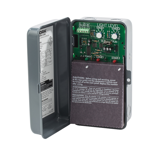 Tork 2 Zone SPDT Lighting Control Use to control two different outdoor lighting circuits utilizing one photocell. Sign lighting can turn ON at one ambient light level while parking lot lighting turns ON at a different light level. APPLICATIONS: 24 Hour Convenience Stores Open Wall Parking Structures Large Canopies Building Perimeters Atriums FEATURES: INPUT VOLTAGE: 120/240/277VAC, 50/60Hz OUTPUT CONTACTS: SPDT NO. OF ZONES: 2 Zones TERMINAL RANGE: Relay #12AWG- input power terminals #14-#22AWG- TOD/sensor terminals accept #18-#22AWG. POWER CONSUMPTION: 5VA Maximum OPERATING TEMPERATURE: - 40 degrees to +140 degrees F (-40 degrees C to +60 degrees C) PHOTOSENSOR INPUT: EPC1 Included. DUAL OUTPUTS: With independent turn-ON adjustment for Stage 1 and Stage 2. LIGHT LEVEL ACTIVATION: Turn ON is user settable from 2 to 100 footcandle- Independent light level adjustment for each zone. Turn OFF is a maximum of 2 times turn ON level. Built-in delay ON of 30 seconds to avoid reaction to lightning or headlights. SWITCHED INPUT: Can be used with a time switch for photocell ON of two different lighting circuits at different ambient light levels, then time-of-day OFF. ENCLOSURE: Metal Indoor NEMA 1 with lockable hasp. MANUFACTURER: Tork, UPC: 786261821119 CONTACT RATINGS: GENERAL PURPOSE: 120/240 VAC NO: 20A NC: 10A 277 VAC NO: 12A BALLAST: 120 VAC NO: 20A NC: 10A 240/277 VAC NO: 6A NC: 3A TUNGSTEN: 120/240/277 VAC NO: 5A NC: 3A PILOT DUTY: 120/240 VAC NO: 470VA NC: 275VA 277 VAC NO: 690VA