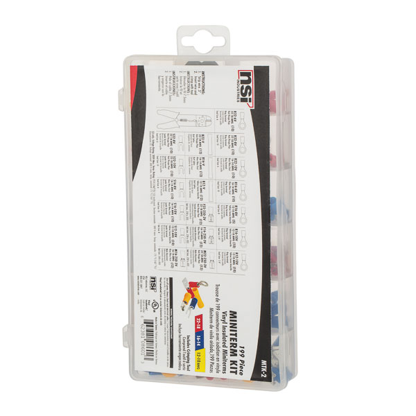 NSi Vinyl Insulated 180-Piece Miniterm Kit and Tool The NSi Industries Vinyl Insulated 180-Piece Miniterm and Tool Kit has been carefully designed to include the most popular NSi miniterm terminals. The cases are made of extremely durable polypropylene. They provide the ultimate in organization and convenience. Miniterms are clearly labeled on the inside lid for easy recognition. Comes complete with miniterm tool. Convenient size for easy carrying and easy storing. Refillable and reusable. KIT CONTAINS : Quantity SKU Type Wire Size Stud/Tab Size Length Width 10 R22-6V Vinyl Insulated Ring Terminal 22-18 6 .831 .315 10 R22-8V Vinyl Insulated Ring Terminal 22-18 8 .827 .315 10 R22-10V Vinyl Insulated Ring Terminal 22-18 10 .827 .315 10 R16-6V Vinyl Insulated Ring Terminal 16-14 6 .717 .256 10 R16-8V Vinyl Insulated Ring Terminal 16-14 8 .846 .315 10 R16-10V Vinyl Insulated Ring Terminal 16-14 10 .846 .315 5 R12-10V Vinyl Insulated Ring Terminal 12-10 10 1.063 .374 10 F22-250-3V Vinyl Insulated Female Disconnect 22-18 .250 x.032 - - 10 F16-250-3V Vinyl Insulated Female Disconnect 16-14 .250 x.032 - - 10 B22-V Vinyl Insulated Butt Connector 22-18 - 1.004 - 10 B16-V Vinyl Insulated Butt Connector 16-14 - 1.004 - 10 B12-V Vinyl Insulated Butt Connector 12-10 - 1.063 - 10 S22-8V Vinyl Insulated Spade Terminal 22-18 8 .862 .276 10 S22-10V Vinyl Insulated Spade Terminal 22-18 10 .906 .378 10 S16-8V Vinyl Insulated Spade Terminal 16-14 8 .846 .315 10 S16-10V Vinyl Insulated Spade Terminal 16-14 10 .846 .315 5 S12-10V Vinyl Insulated Spade Terminal 12-10 10 1.012 .354 10 M22-250-3V Vinyl Insulated Male Disconnect 22-18 .250 x.032 - - 10 M16-250-3V Vinyl Insulated Male Disconnect 16-14 .250 x.032 - - 1 Mini Terminal Multi Tool