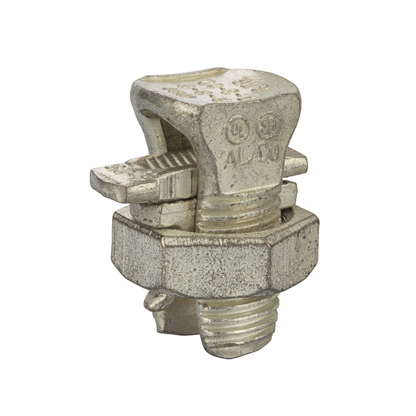All Purpose Split Bolt Connector 4 AWG All Purpose Split Bolt Connectors are used for combinations of aluminum to copper, aluminum to aluminum, steel to aluminum, copper to copper, and steel to copper applications. They have an electro-tinned body. UL listed for copper and copperweld wires only. Includes nut, spacer and pressure pad.