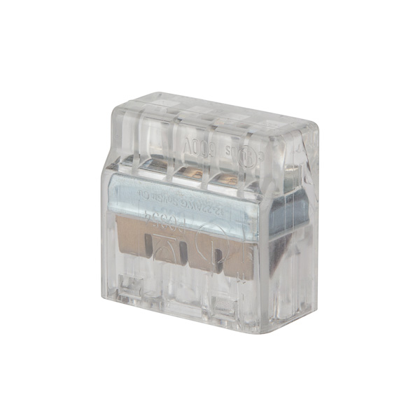 Push-In Wire Connectors 22-12 AWG - Clear Carton - 4 Wire APPLICATIONS: Fast, safe and reliable installation saves time and money. No twisting or taping of conductors required. Just strip the wire, insert the connector and you are done. One wire per opening ensures loose connections are eliminated. Made of strong, UL 94V-2 flame retardant polycarbonate. Integrated test port enables continuity testing. Color coded for easy identification. Compact design perfect for tight spaces. Copper, tin-plated- Stainless steel spring- Steel frame, zinc-plated. UL 486C Listed Wire Connector. Accommodates 22-12 AWG solid or stranded copper wire