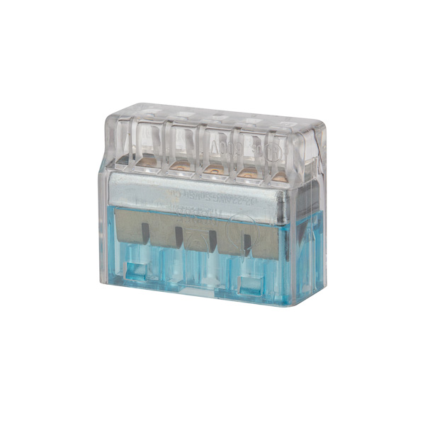 Push-In Wire Connectors 22-12 AWG - Blue Carton - 5 Wire APPLICATIONS: Fast, safe and reliable installation saves time and money. No twisting or taping of conductors required. Just strip the wire, insert the connector and you are done. One wire per opening ensures loose connections are eliminated. Made of strong, UL 94V-2 flame retardant polycarbonate. Integrated test port enables continuity testing. Color coded for easy identification. Compact design perfect for tight spaces. Copper, tin-plated- Stainless steel spring- Steel frame, zinc-plated. UL 486C Listed Wire Connector. Accommodates 22-12 AWG solid or stranded copper wire