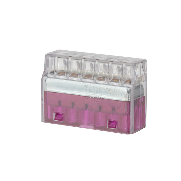 Push-In Wire Connectors 22-12 AWG - Purple Carton - 6 Wire APPLICATIONS: Fast, safe and reliable installation saves time and money. No twisting or taping of conductors required. Just strip the wire, insert the connector and you are done. One wire per opening ensures loose connections are eliminated. Made of strong, UL 94V-2 flame retardant polycarbonate. Integrated test port enables continuity testing. Color coded for easy identification. Compact design perfect for tight spaces. Copper, tin-plated- Stainless steel spring- Steel frame, zinc-plated. UL 486C Listed Wire Connector. Accommodates 22-12 AWG solid or stranded copper wire