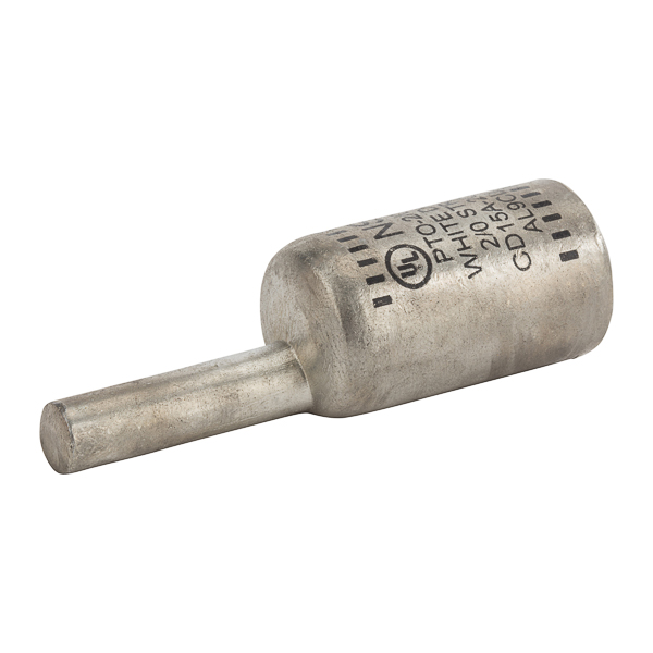 Offset Pin Terminal 2/0 AWG All-aluminum Pin Terminals is designed for termination of both aluminum and copper conductors. The pin is offset for use in tight spaces and for ease of installation in side-by-side terminations. The solid pin is made of aluminum and is tin-plated and pre-filled with oxide inhibitor. A cover is provided for quick installation. Rated 600 Volts.
