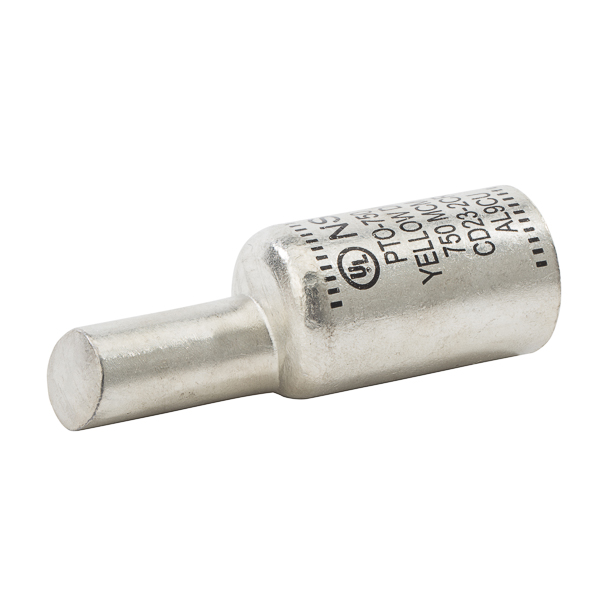 Offset Pin Terminal 750 MCM All-aluminum Pin Terminals is designed for termination of both aluminum and copper conductors. The pin is offset for use in tight spaces and for ease of installation in side-by-side terminations. The solid pin is made of aluminum and is tin-plated and pre-filled with oxide inhibitor. A cover is provided for quick installation. Rated 600 Volts.