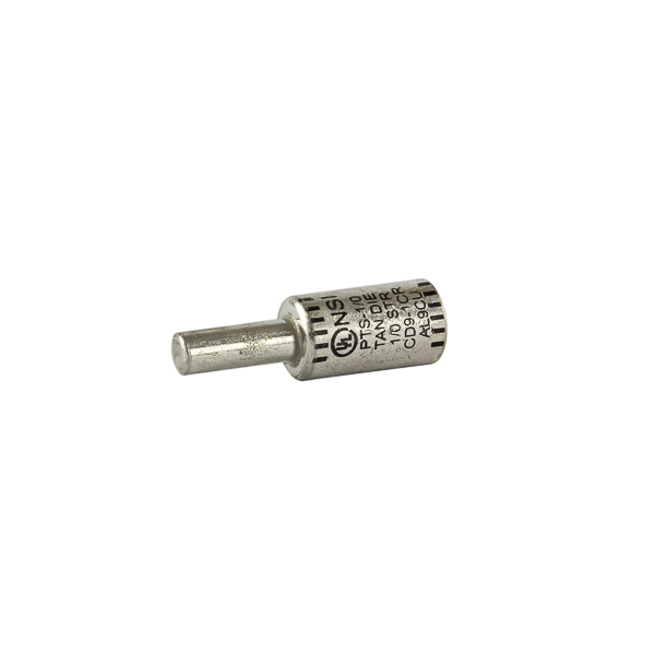 Solid Pin Terminal for Copper and Aluminum Conductors 1/0 AWG All-aluminum Pin Terminals is designed for termination of both aluminum and copper conductors. The solid pin is made of aluminum and is tin-plated and pre-filled with oxide inhibitor. A cover is provided for quick installation. Rated 600 Volts.