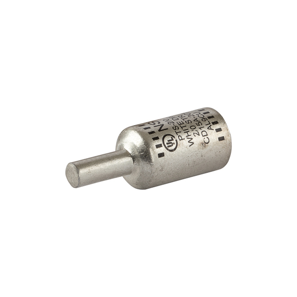 Solid Pin Terminal for Copper and Aluminum Conductors 2/0 AWG All-aluminum Pin Terminals is designed for termination of both aluminum and copper conductors. The solid pin is made of aluminum and is tin-plated and pre-filled with oxide inhibitor. A cover is provided for quick installation. Rated 600 Volts.