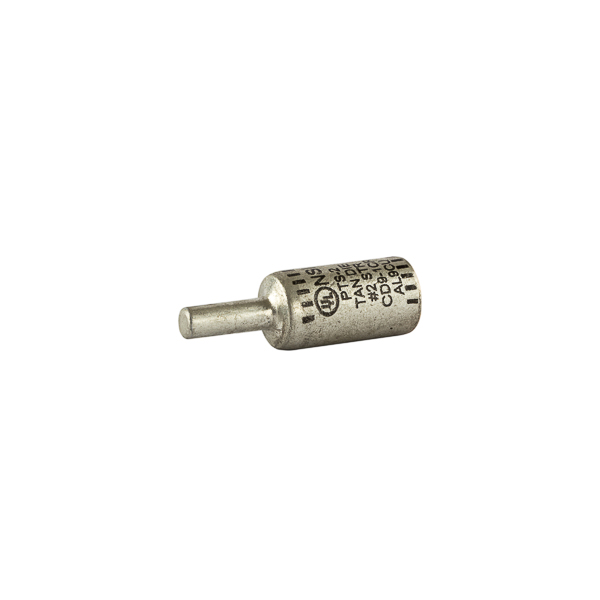 Solid Pin Terminal for Copper and Aluminum Conductors 2 AWG All-aluminum Pin Terminals is designed for termination of both aluminum and copper conductors. The solid pin is made of aluminum and is tin-plated and pre-filled with oxide inhibitor. A cover is provided for quick installation. Rated 600 Volts.