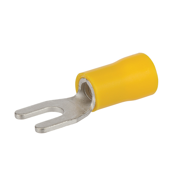 16-14 AWG Vinyl Insulated Spade Terminal #10 Stud Vinyl spade terminals have an open tongue end for rapid insertion on the mounting screw. Typically used on free-standing studs. Vinyl insulated spade terminals are made of electro tin-plated copper, vinyl (PVC). 300V, 75 degrees C. FEATURES: STYLE: Standard MATERIAL: Vinyl QUANTITY: 20 Count WIRE SIZE: 16-14 AWG STUD SIZE: 10 LENGTH: 0.966 WIDTH: 0.362 BRAND EQUIVALENT: Burndy TP1410F, Penn Union S4B-10 Thomas & Betts 14RB10F Morris Products 10136 Ideal 83-7171