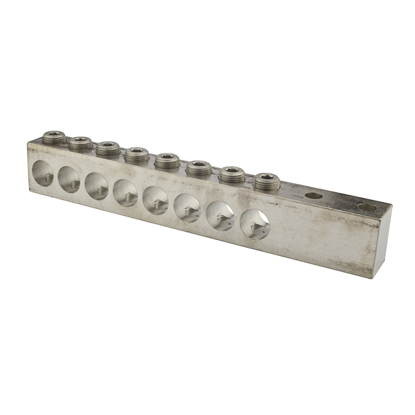 8 Port Aluminum Dual Rated Transformer Connector 750 MCM - 250 MCM Transformer Connectors are made from 6061T-6 aluminum alloy. They are electro-tin plated for low contact resistance. Two NEMA 1/2